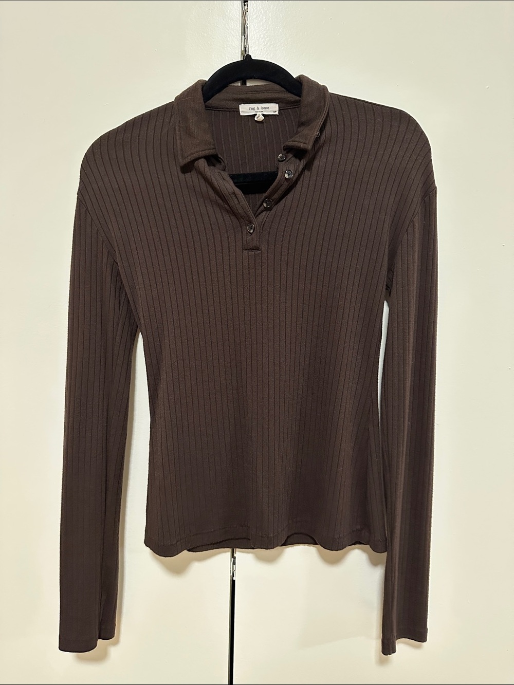 rag & bone Ribbed Long Sleeve Polo Top - Brown